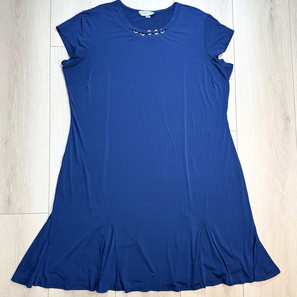 Southern Lady 2X Blue Fit Flare Dress Silver Ring Neck Stretch Plus Size Midi XL